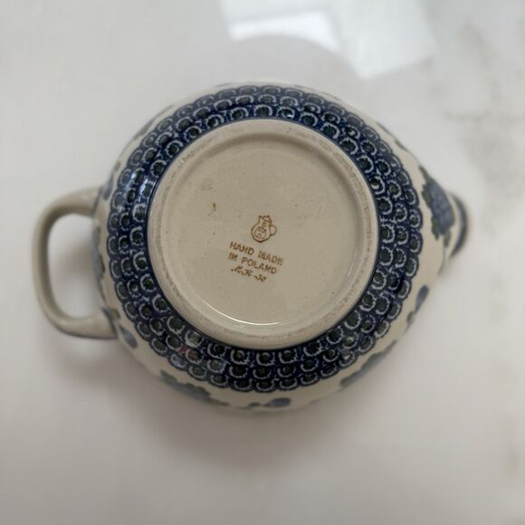 Unikat Polish Handmade Floral Handled Ceramic Mixing Bowl with Spout Blue White - Picture 3 of 11